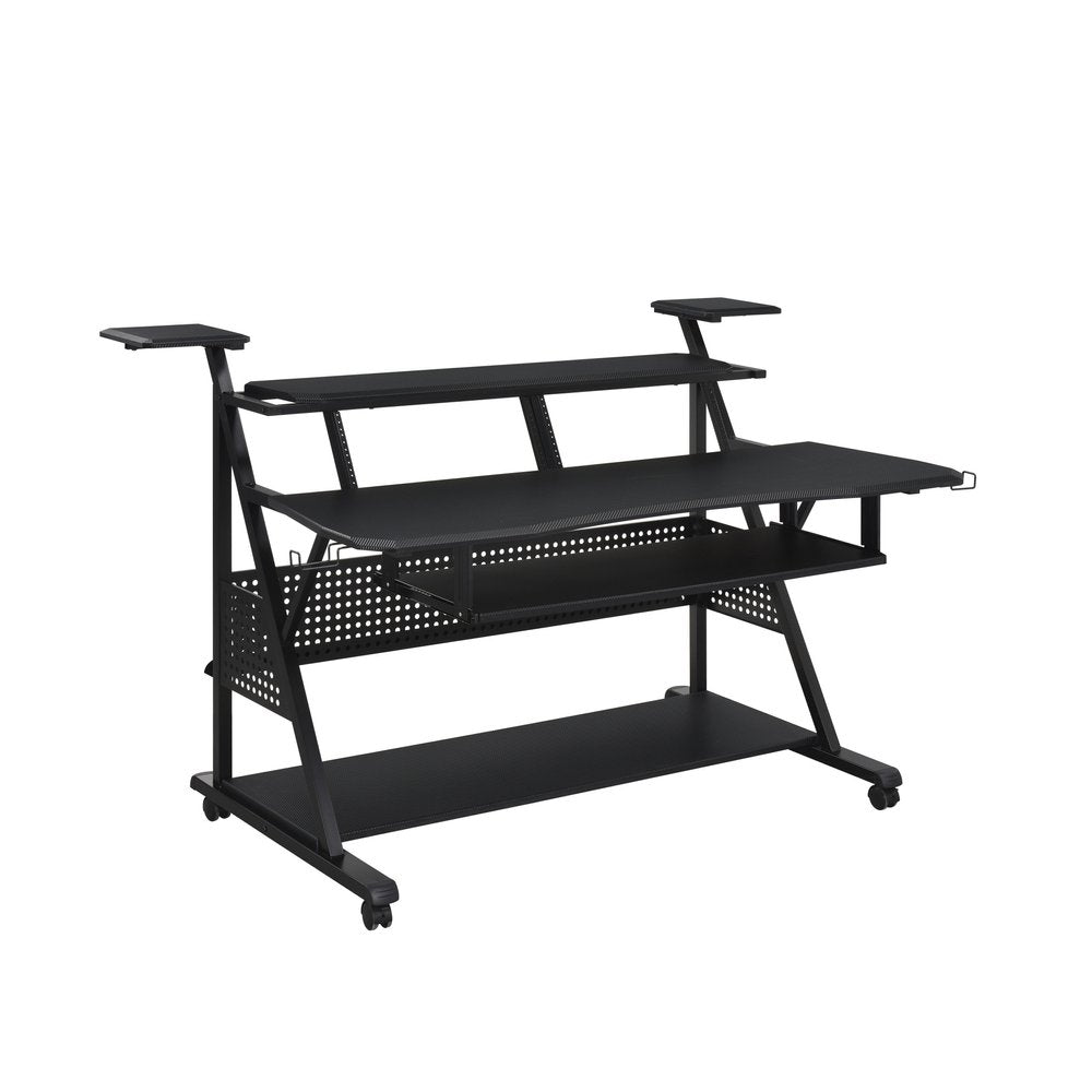 67" Black Wood and Metal Rolling Computer Desk