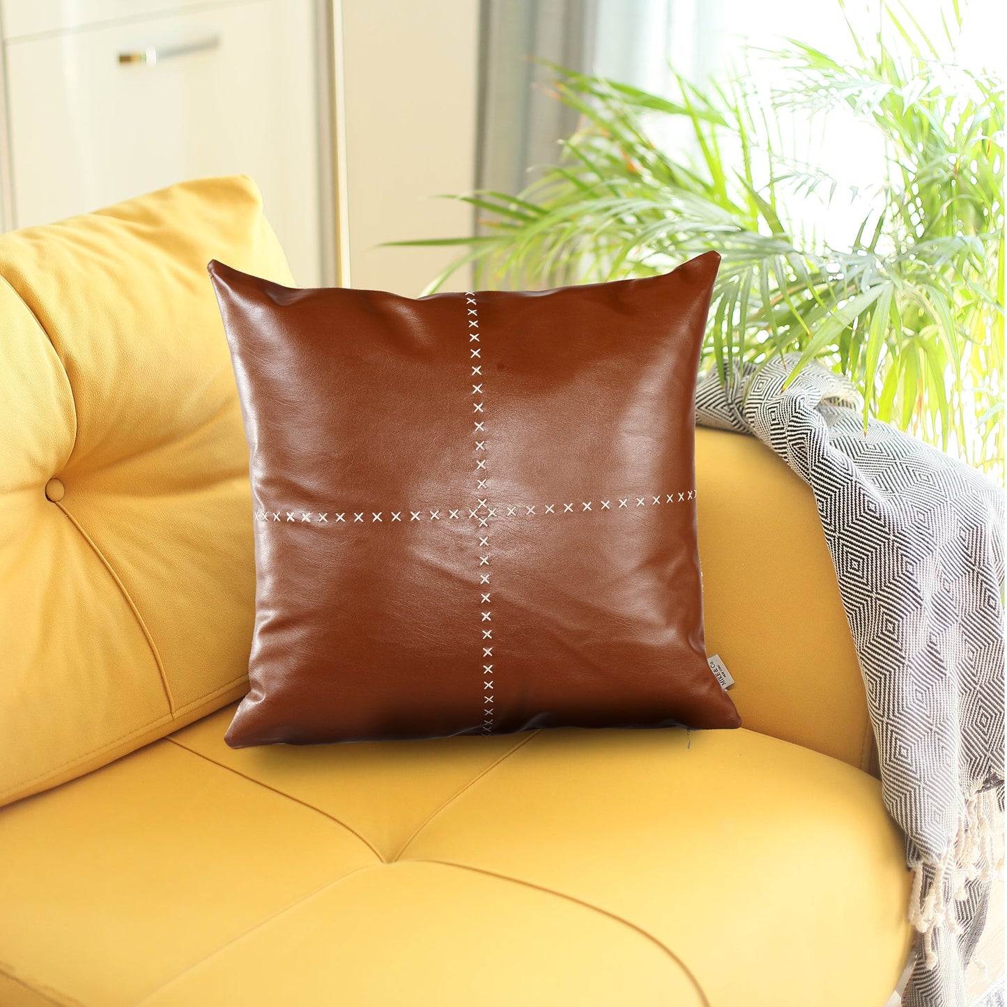 18" X 18" Brown And Beige Zippered Handmade Faux Leather Throw Pillow