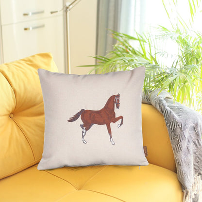 18" X 18" Beige Horse Animal Print Zippered Handmade Polyester Throw Pillow With Embroidery