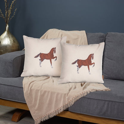 Set of Two 18" Beige and Brown Horse Fabric Throw Pillows with Embroidery