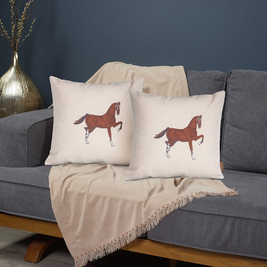 Set of Two 18" Beige and Brown Horse Fabric Throw Pillows with Embroidery