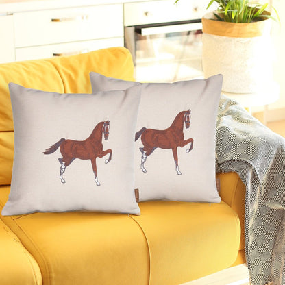 Set of Two 18" Beige and Brown Horse Fabric Throw Pillows with Embroidery