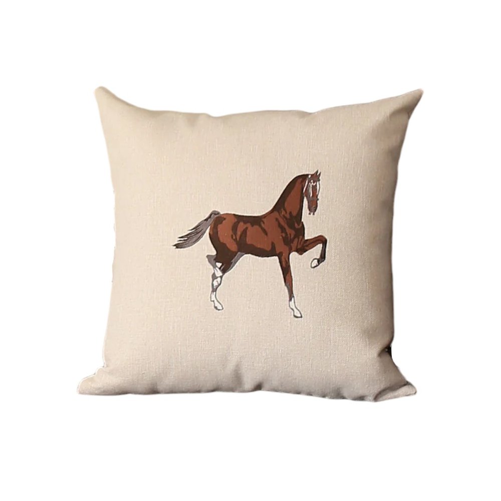 Set of Two 18" Beige and Brown Horse Fabric Throw Pillows with Embroidery