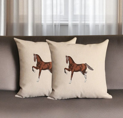 Set of Two 18" Beige and Brown Horse Fabric Throw Pillows with Embroidery