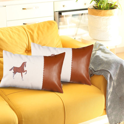 Set Of Two 20" X 12" Beige And Brown Horse Zippered Handmade Faux Leather Lumbar Pillow With Embroidery