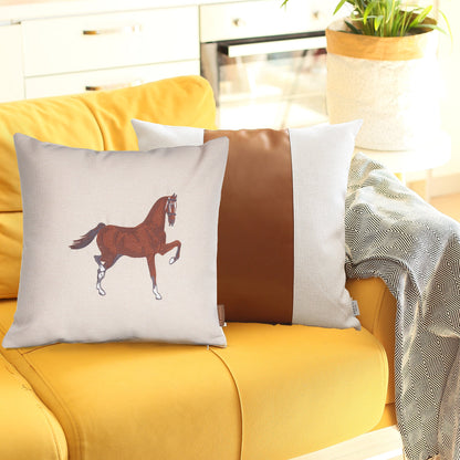 Set Of Two 18" X 18" Beige And Brown Horse Faux Leather Zippered Pillow With Embroidery