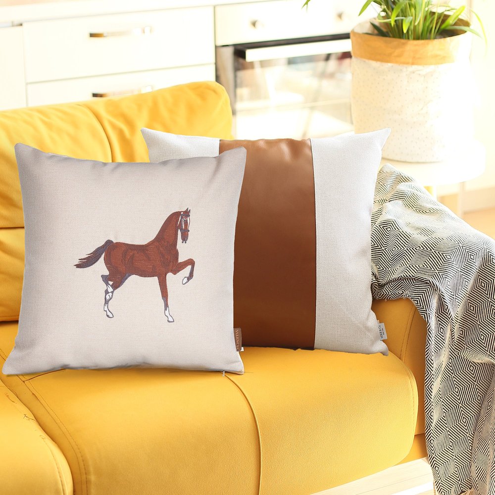 Set of Two Beige and Brown Horse Color Block Fabric and Faux Leather Throw Pillows with Embroidery