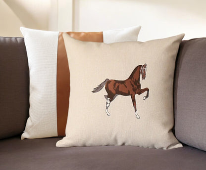 Set Of Two 18" X 18" Beige And Brown Horse Faux Leather Zippered Pillow With Embroidery