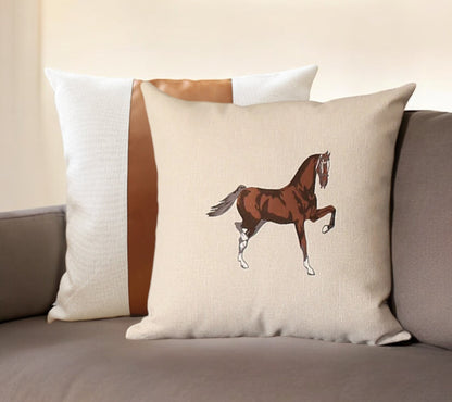 Set Of Two 18" X 18" Beige And Brown Horse Faux Leather Zippered Pillow With Embroidery