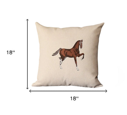 Set of Two Beige and Brown Horse Color Block Fabric and Faux Leather Throw Pillows with Embroidery