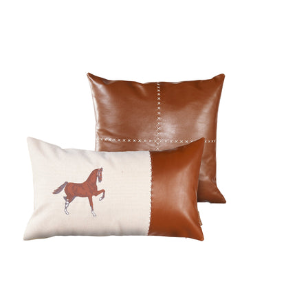 Set of Two Beige Horse Zippered Pillow With Embroidery