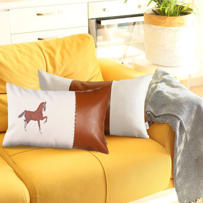 Set of Two Beige and Brown Horse Color Block Fabric and Faux Leather Lumbar Throw Pillows with Embroidery