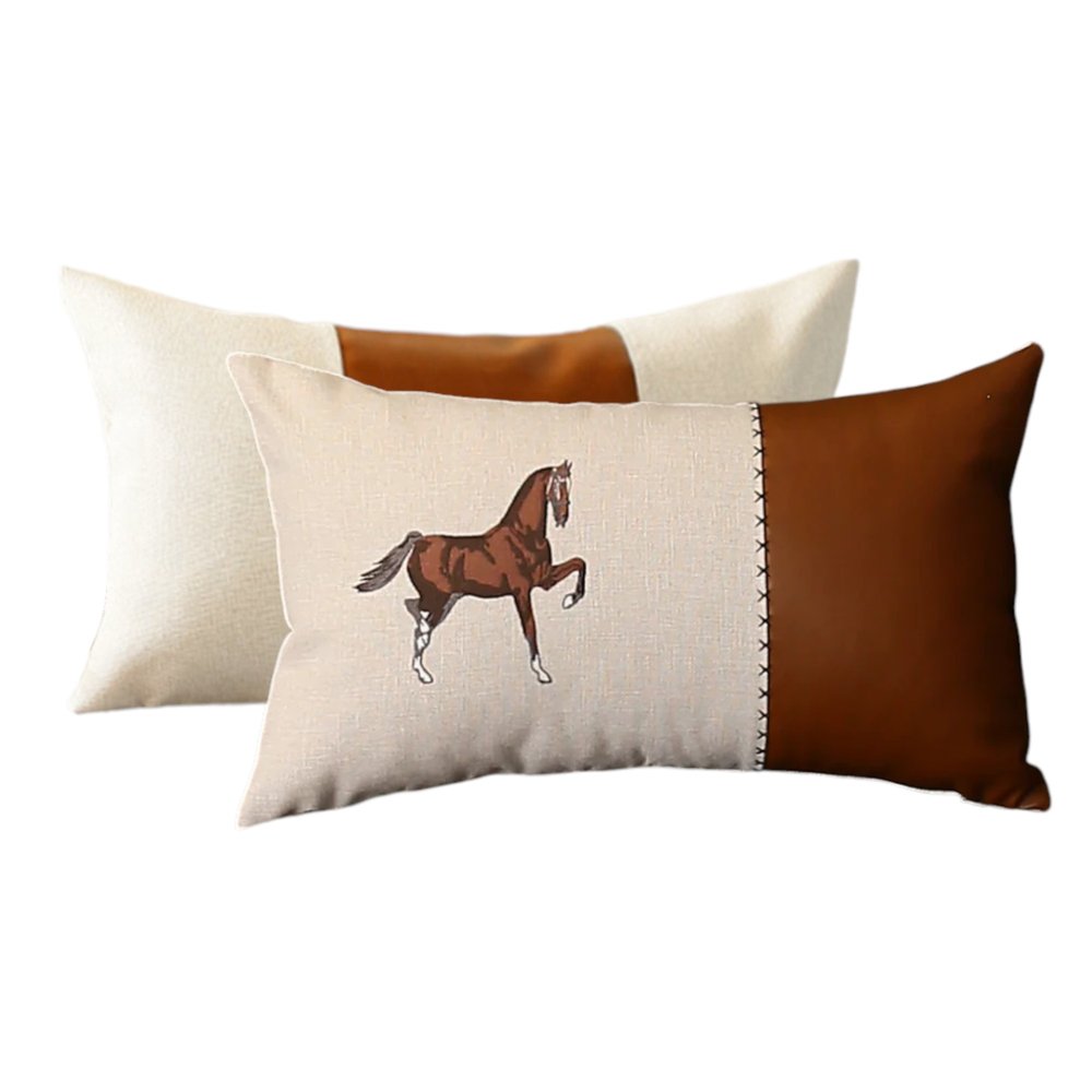 Set of Two Beige and Brown Horse Color Block Fabric and Faux Leather Lumbar Throw Pillows with Embroidery