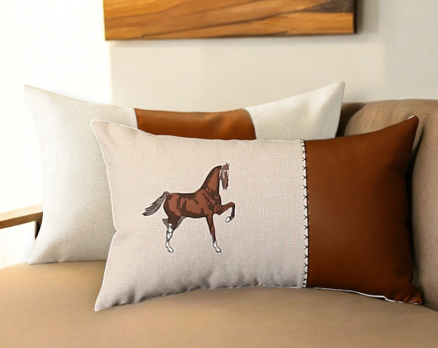 Set Of Two 20" X 12" Beige And Brown Horse Faux Leather Zippered Pillow With Embroidery