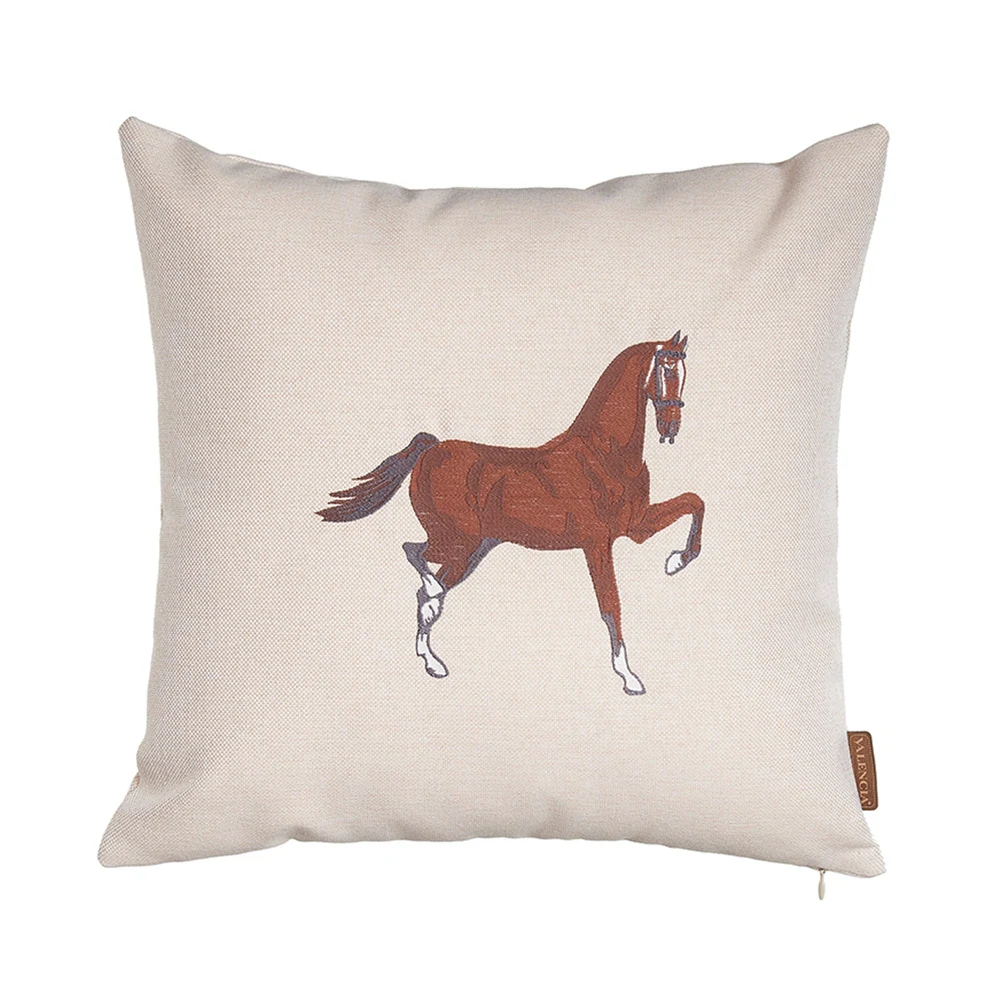 Set of Four 18" X 18" Beige Horse Polyester Zippered Pillow With Embroidery