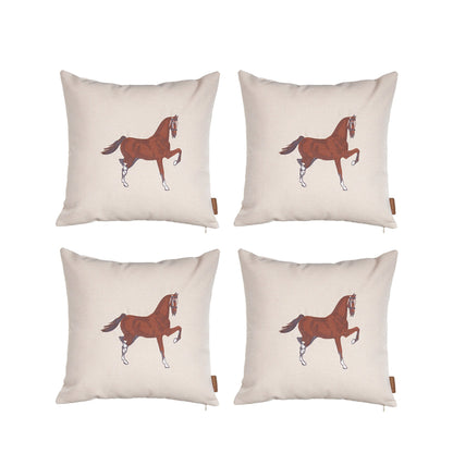 Set of Four 18" X 18" Beige Horse Polyester Zippered Pillow With Embroidery