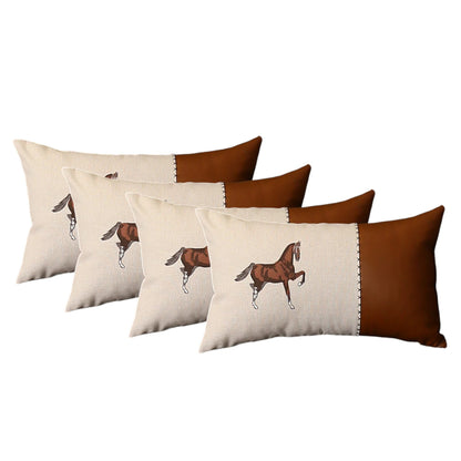 Set Of Four 20" X 12" Beige And Brown Horse Faux Leather Zippered Pillow With Embroidery