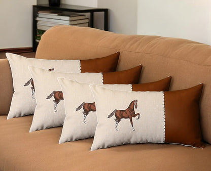 Set Of Four 20" X 12" Beige And Brown Horse Faux Leather Zippered Pillow With Embroidery