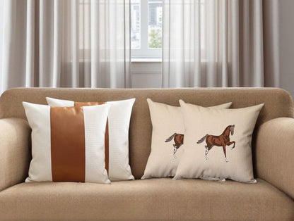 Set of Four Beige and Brown Horse Color Block Fabric and Faux Leather Throw Pillows with Embroidery