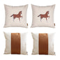 Set of Four Beige and Brown Horse Color Block Fabric and Faux Leather Throw Pillows with Embroidery