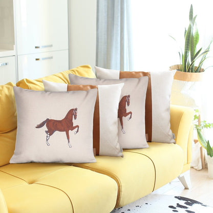 Set of Four Beige and Brown Horse Color Block Fabric and Faux Leather Throw Pillows with Embroidery