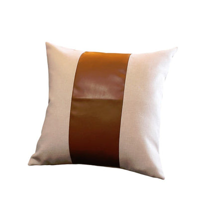 Set of Four Beige and Brown Horse Color Block Fabric and Faux Leather Throw Pillows with Embroidery