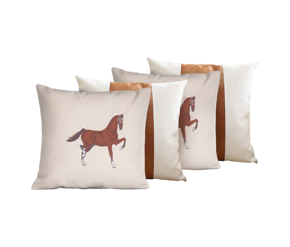 Set of Four Beige and Brown Horse Color Block Fabric and Faux Leather Throw Pillows with Embroidery