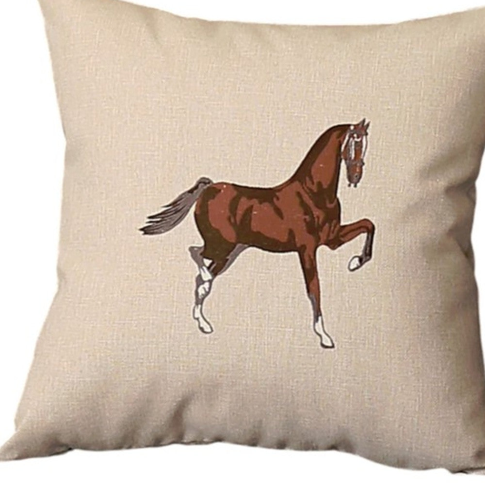 Set Of Four 18" X 18" Beige And Brown Horse Faux Leather Zippered Pillow With Embroidery