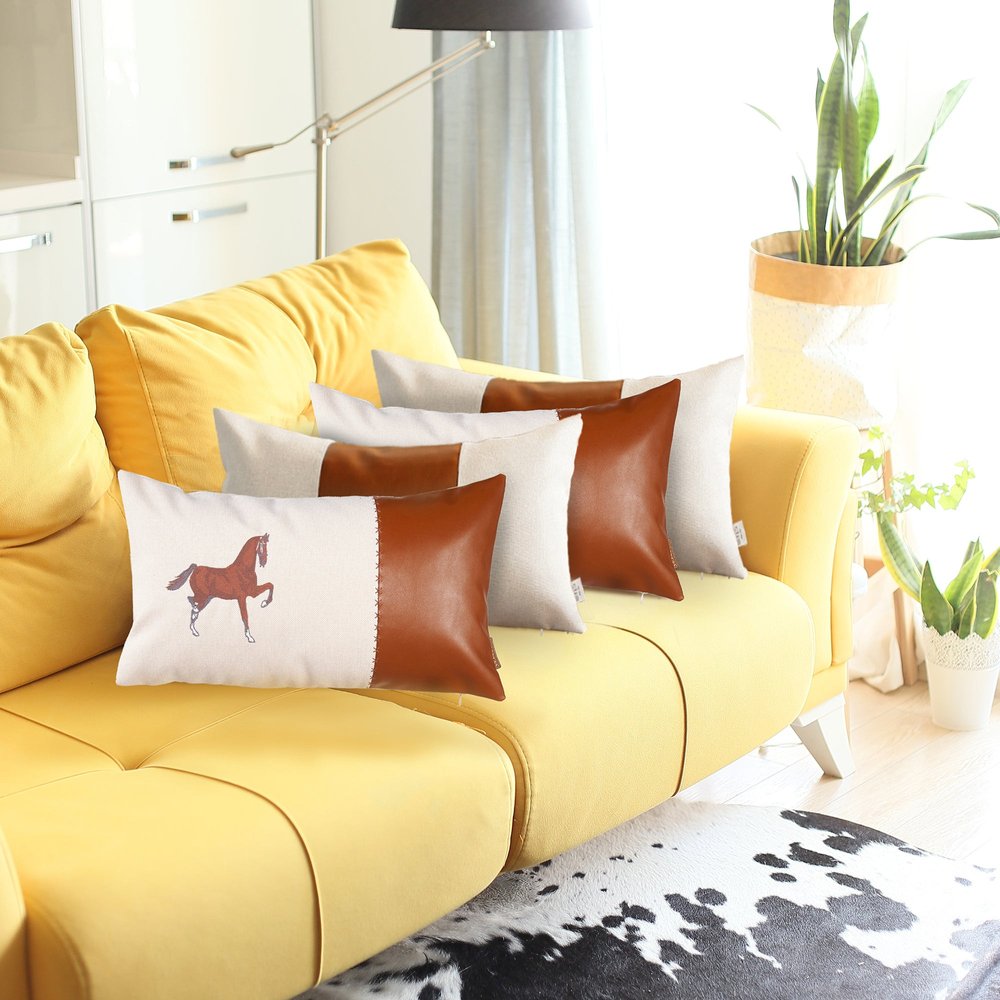 Set of Four Beige and Brown Horse Color Block Fabric and Faux Leather Lumbar Throw Pillows with Embroidery