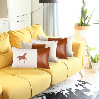 Set of Four Beige and Brown Horse Color Block Fabric and Faux Leather Lumbar Throw Pillows with Embroidery