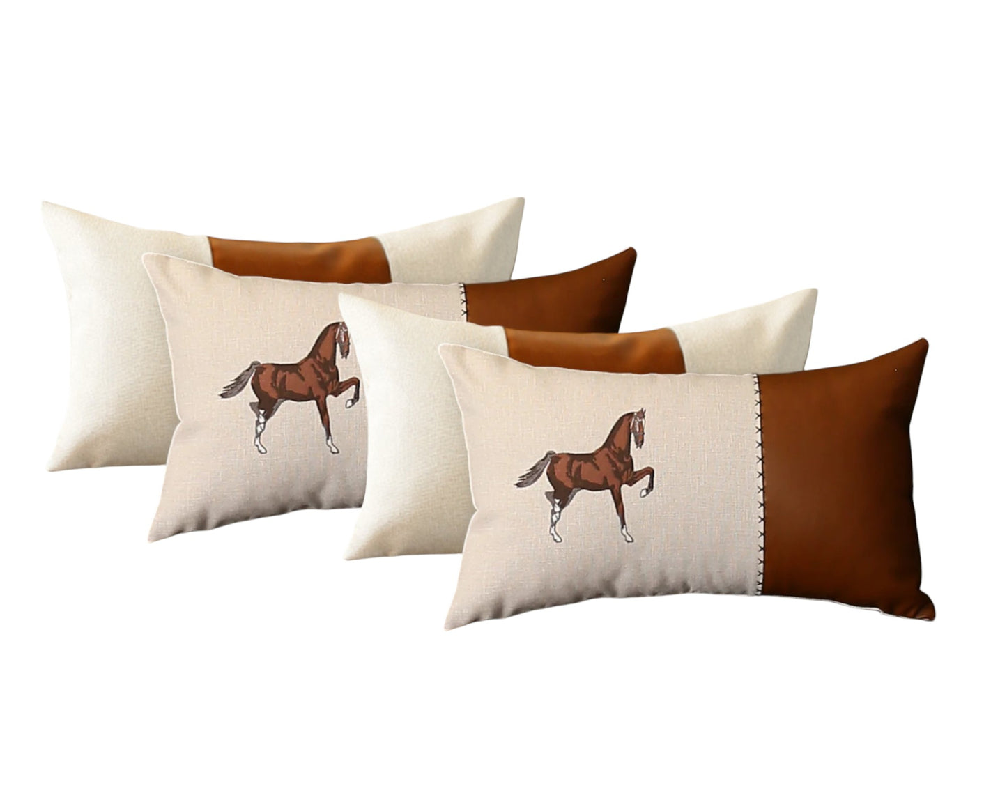 Set Of Four 20" X 12" Beige And Brown Horse Faux Leather Zippered Pillow With Embroidery