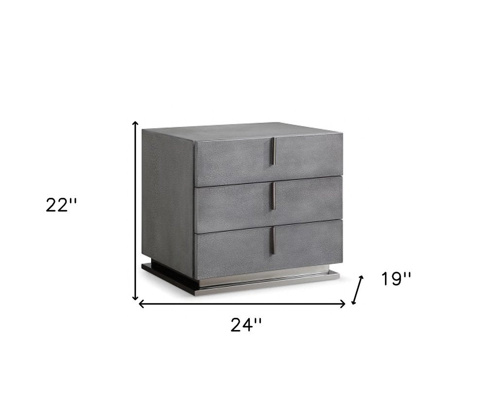 22" Gray Solid and Manufactured Wood Three Drawer Nightstand