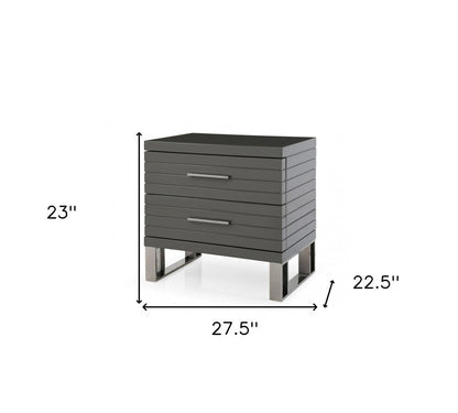 23" Silver And Gray Stainless Steel Solid and Manufactured Wood Two Drawer Nightstand