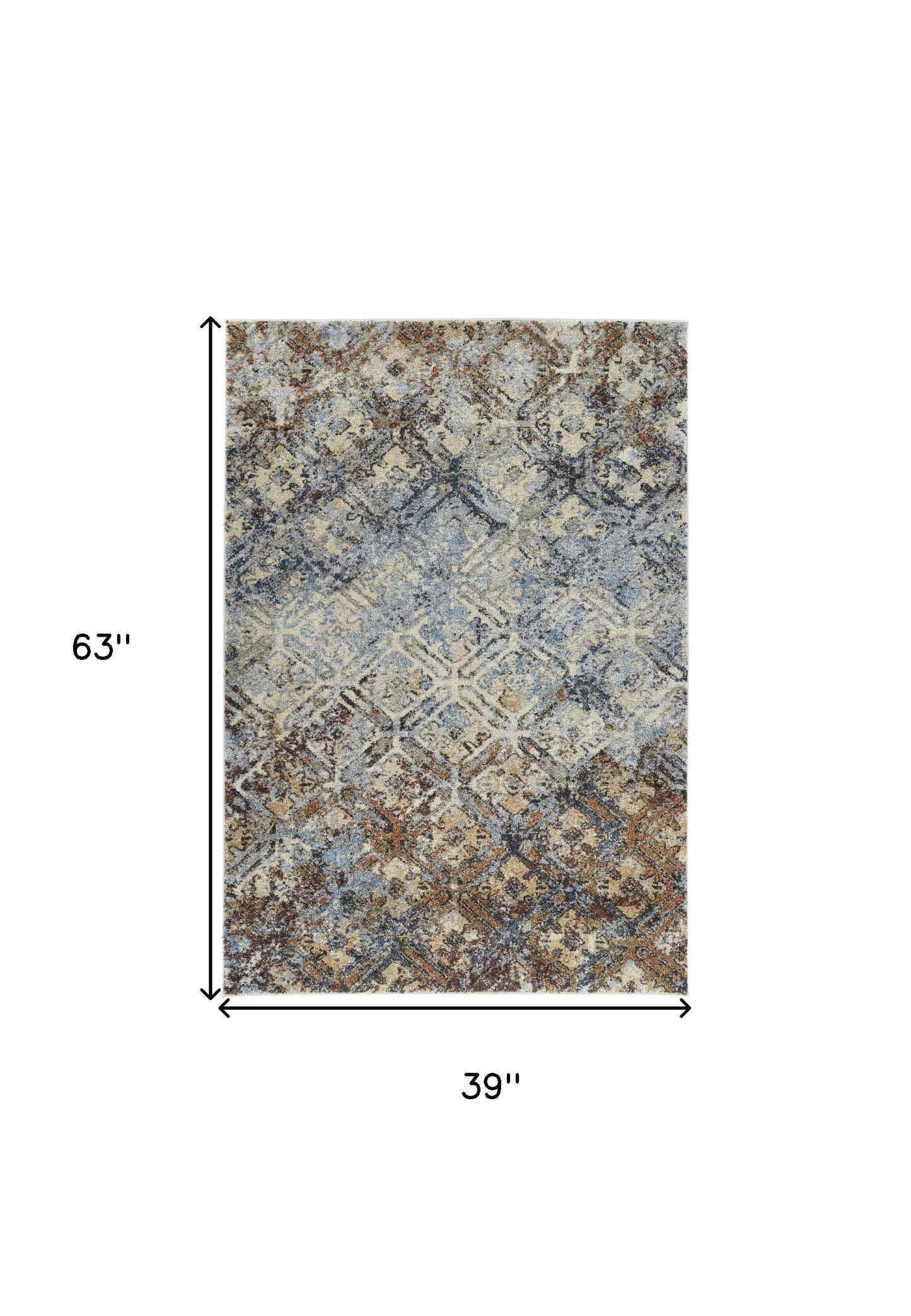 3' X 5' Brown Light Blue And Gray Distressed Diamond Area Rug