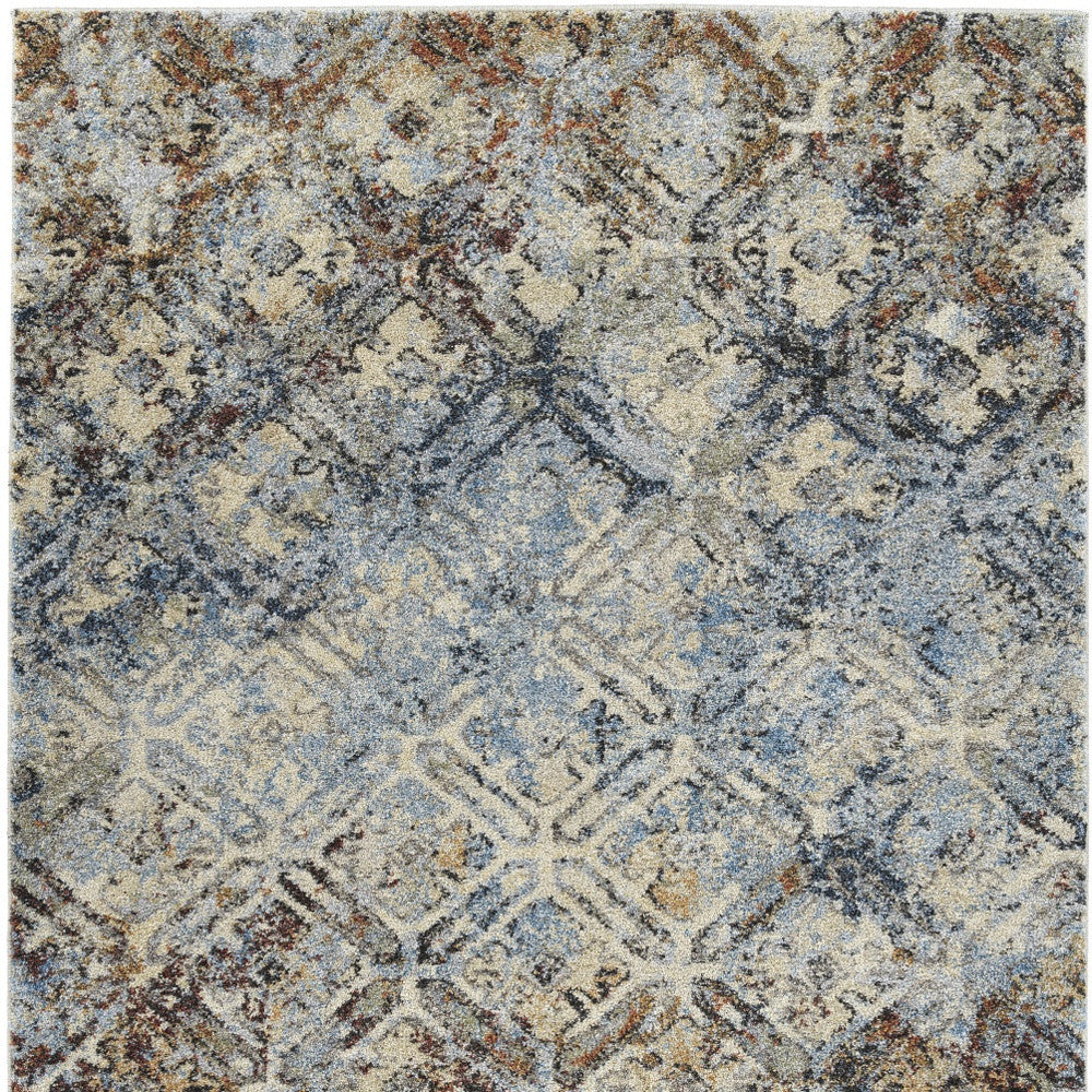 3' X 5' Brown Light Blue And Gray Distressed Diamond Area Rug