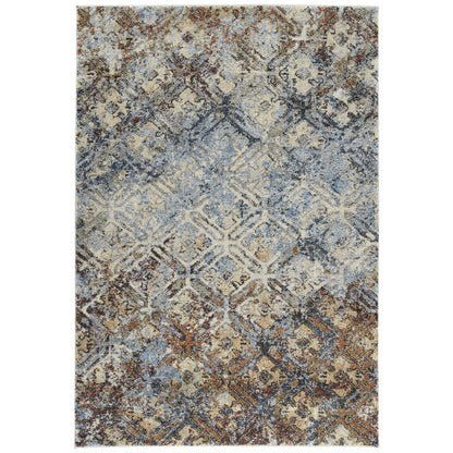 5' X 8' Brown Light Blue And Gray Distressed Diamond Area Rug