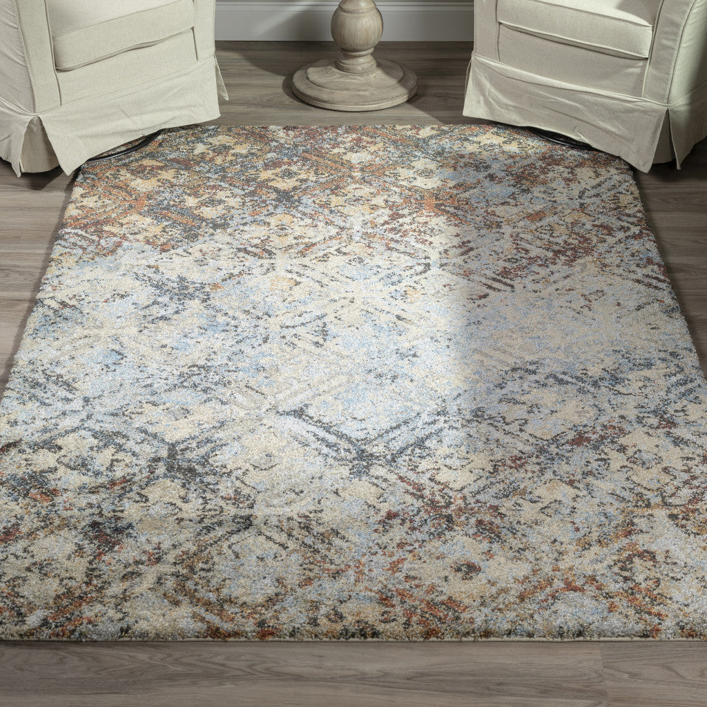 8' X 11' Brown Light Blue And Gray Distressed Diamond Area Rug