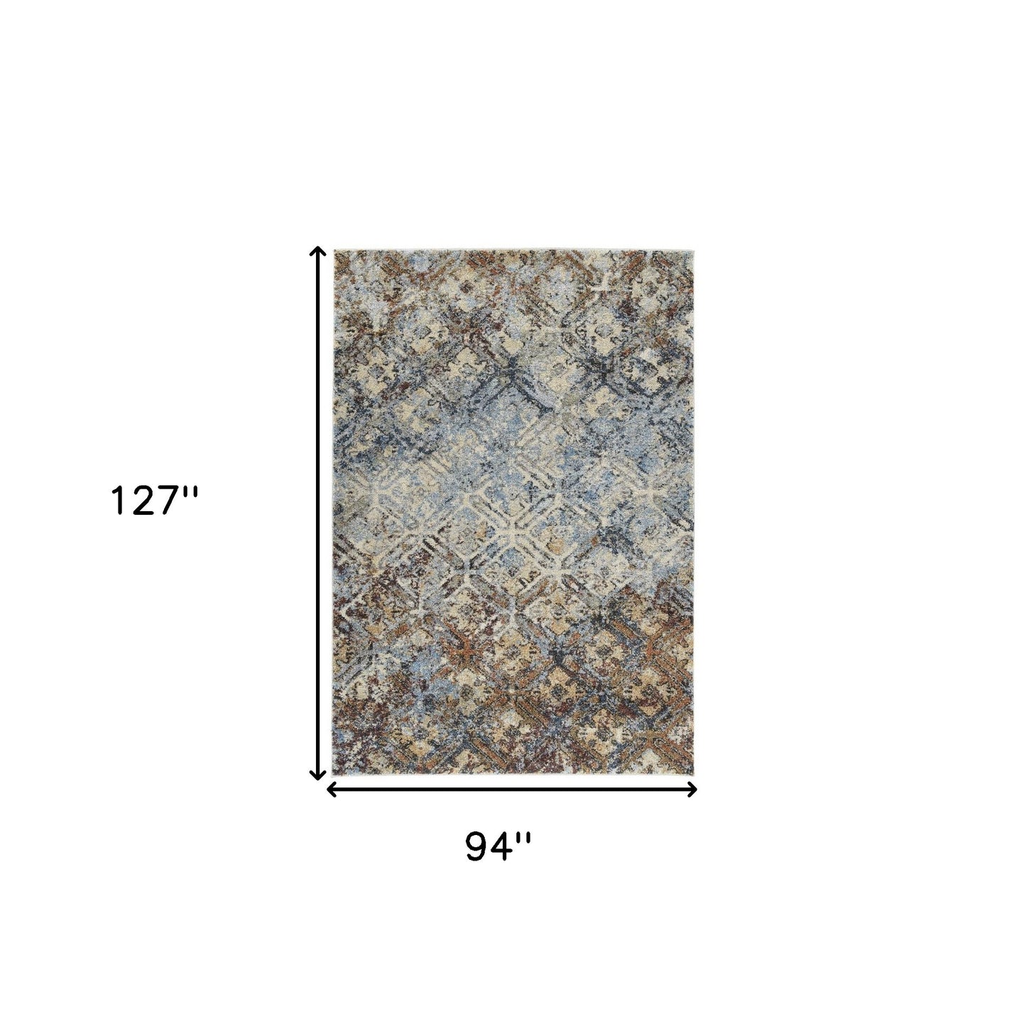 8' X 11' Brown Light Blue And Gray Distressed Diamond Area Rug