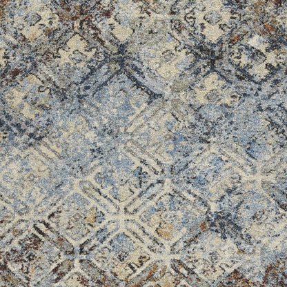 8' X 11' Brown Light Blue And Gray Distressed Diamond Area Rug