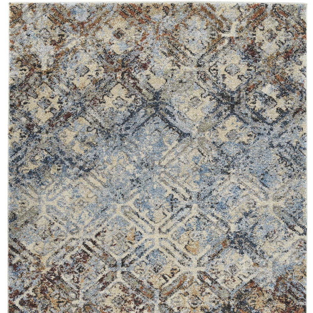 8' X 11' Brown Light Blue And Gray Distressed Diamond Area Rug