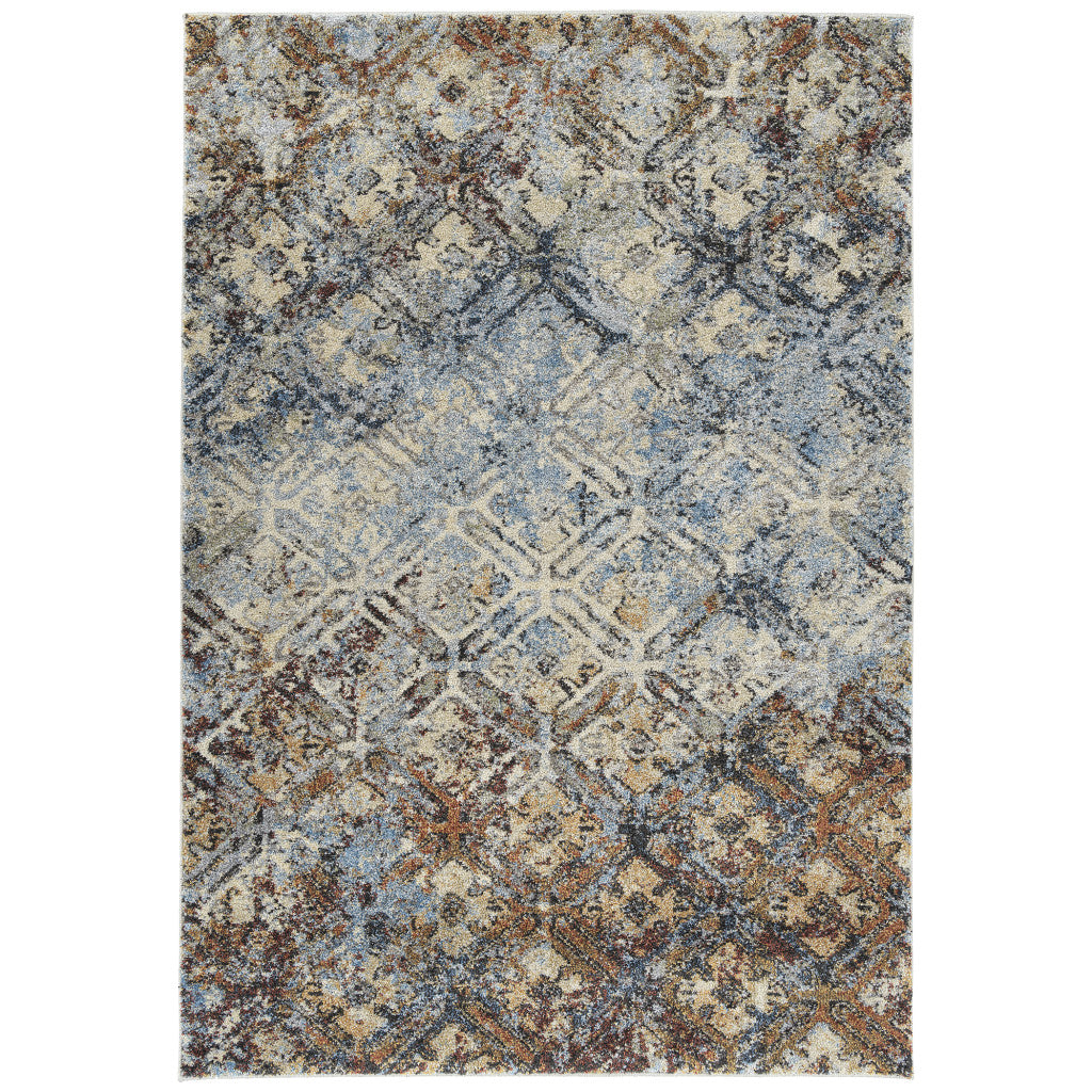 8' X 11' Brown Light Blue And Gray Distressed Diamond Area Rug