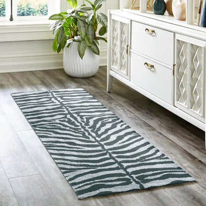 2' X 8' Grey Zebra Print Shag Handmade Non Skid Runner Rug