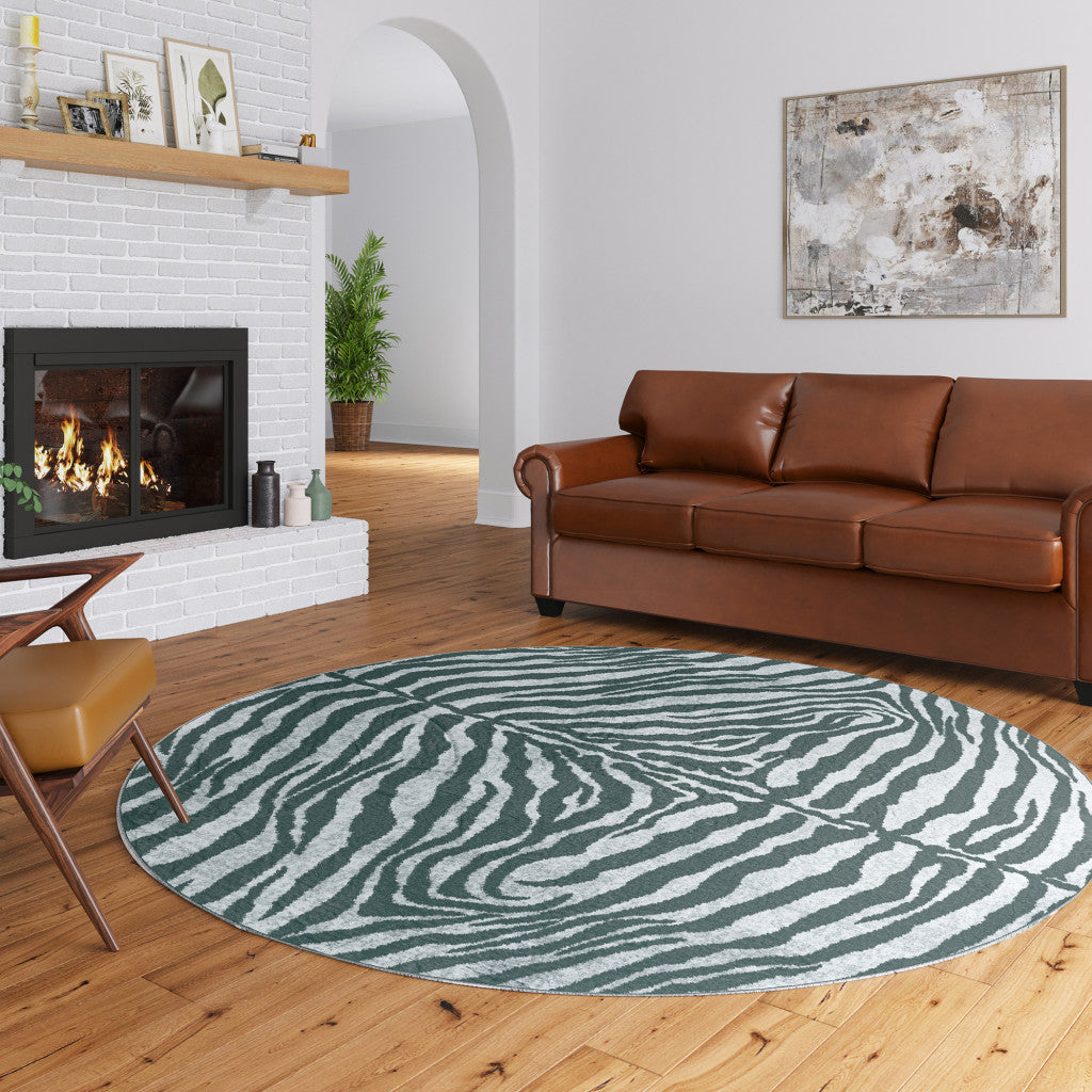 8' X 8' Grey Round Zebra Print Shag Handmade Non Skid Area Rug