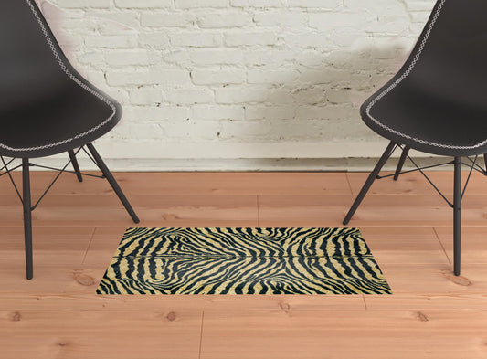 2' X 3' Black and Gold Animal Print Shag Handmade Non Skid Area Rug