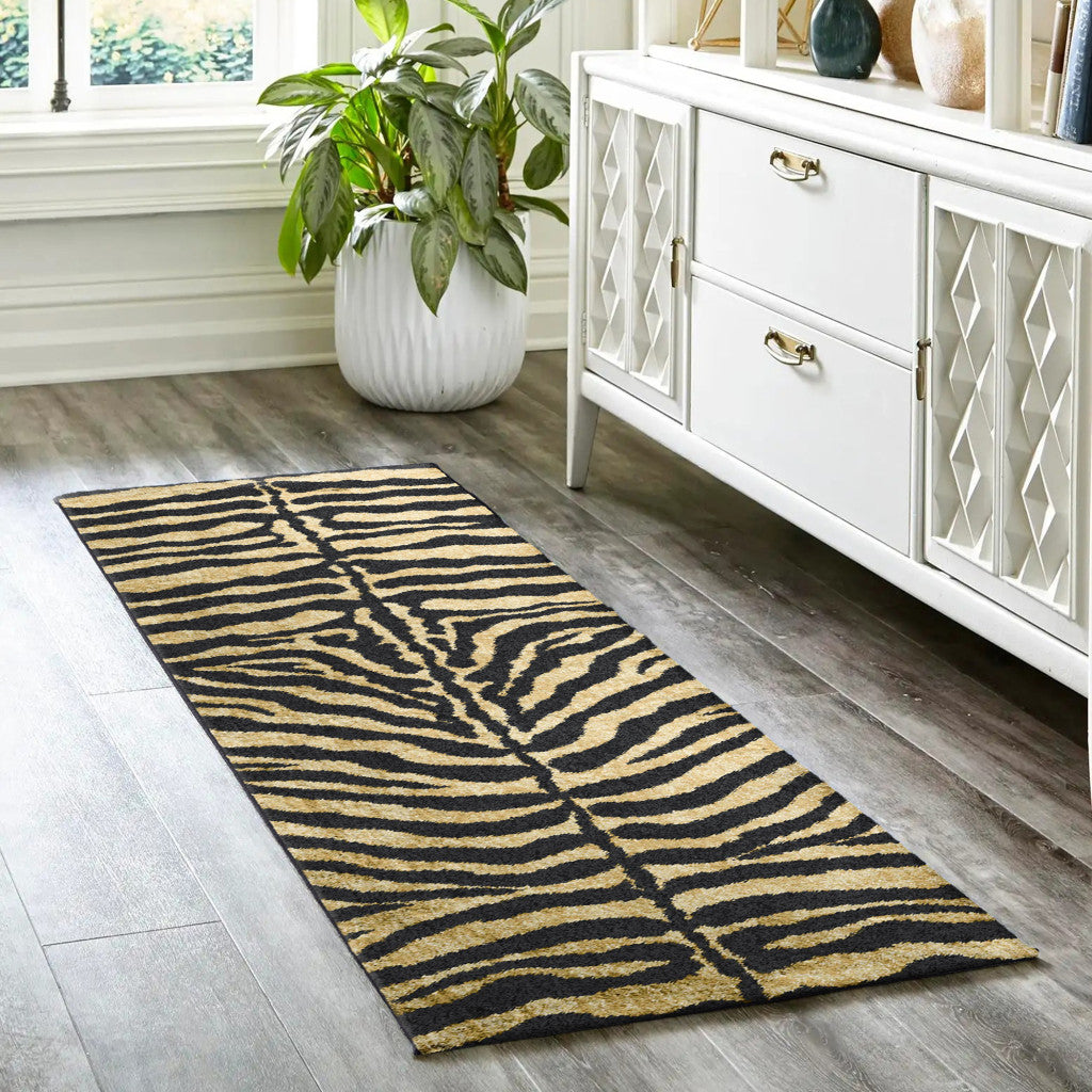 3' X 8' Black and Gold Animal Print Shag Handmade Non Skid Runner Rug