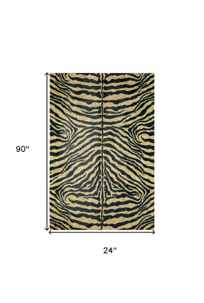 3' X 8' Black and Gold Animal Print Shag Handmade Non Skid Runner Rug