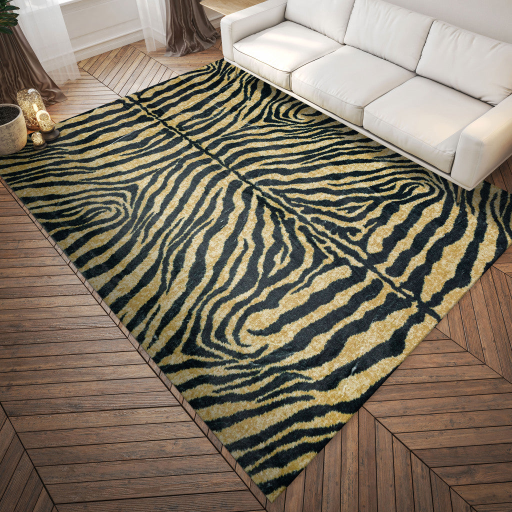 3' X 5' Black and Gold Animal Print Shag Handmade Non Skid Area Rug