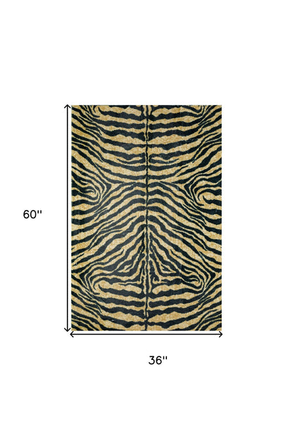 3' X 5' Black and Gold Animal Print Shag Handmade Non Skid Area Rug