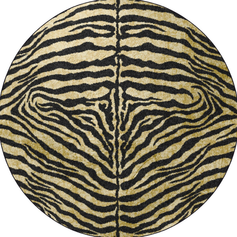 8' X 8' Black and Gold Round Animal Print Shag Handmade Non Skid Area Rug