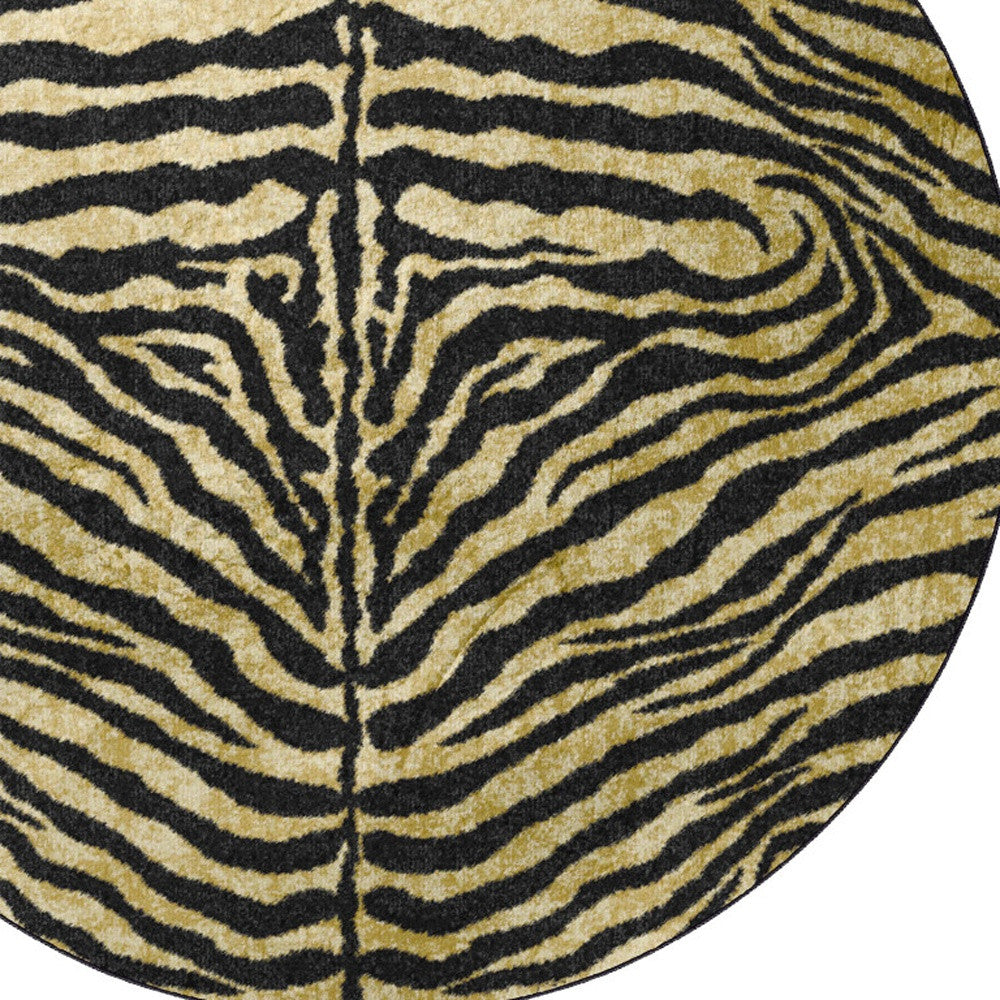 8' X 8' Black and Gold Round Animal Print Shag Handmade Non Skid Area Rug